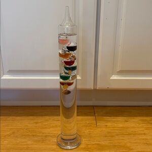 GLASS STANDING GALILEO THERMOMETER WITH COLORFUL GLASS SPHERES 17 INCH
